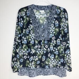 J Jill Womens Size‎ PM Floral Sheer Blouse Tunic Button Front Lightweight Petite